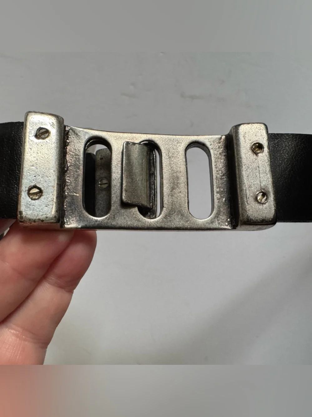 Vtg Sandy Duftler Black Leather Silver Tone Belt M Brutalist Modernist Buckle